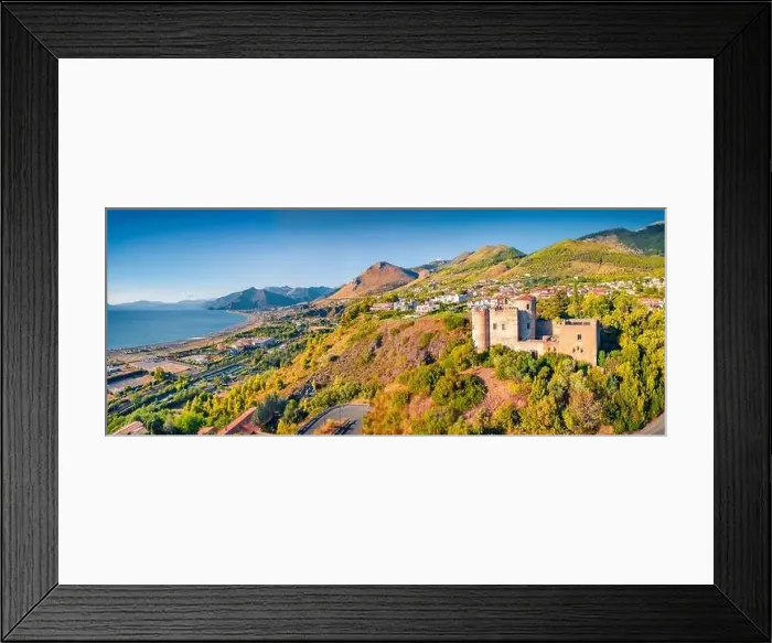 Framed Print : Panoramic summer view from flying drone of Fiuzzi Сastledella Foresta Framed Print : Panoramic summer view from flying drone of Fiuzzi Сastledella Foresta