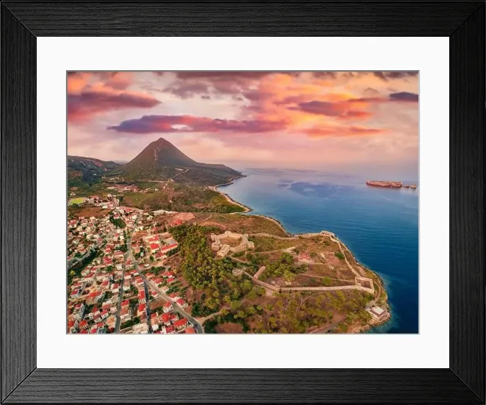 Framed Print : Aerial landscape photography. Colorful summer view from flying drone of Pylos Castle Framed Print : Aerial landscape photography. Colorful summer view from flying drone of Pylos Castle