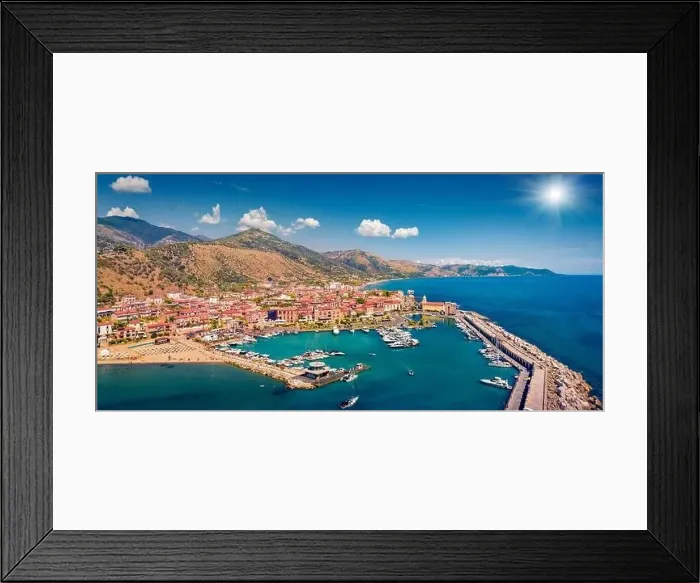 Framed Print : Aerial landscape photography. Splendid summer view from flying drone of Acciaroli port Framed Print : Aerial landscape photography. Splendid summer view from flying drone of Acciaroli port