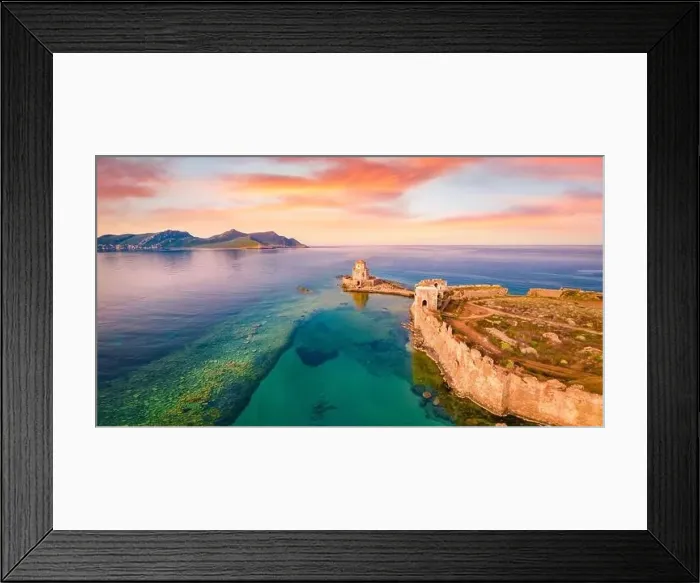 Framed Print : Great sunrise on Ionian sea. Stunning morning view from flying drone of old Methoni Castle Framed Print : Great sunrise on Ionian sea. Stunning morning view from flying drone of old Methoni Castle