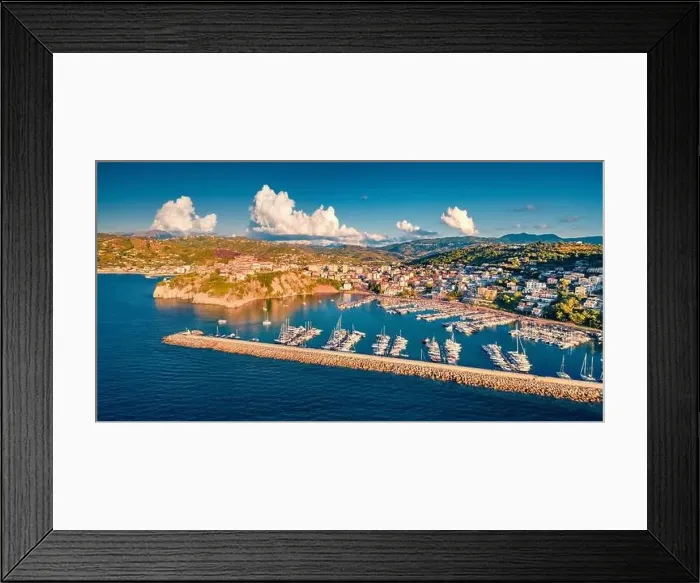 Framed Print : Adorable evening view from flying drone of Agropoli port Framed Print : Adorable evening view from flying drone of Agropoli port