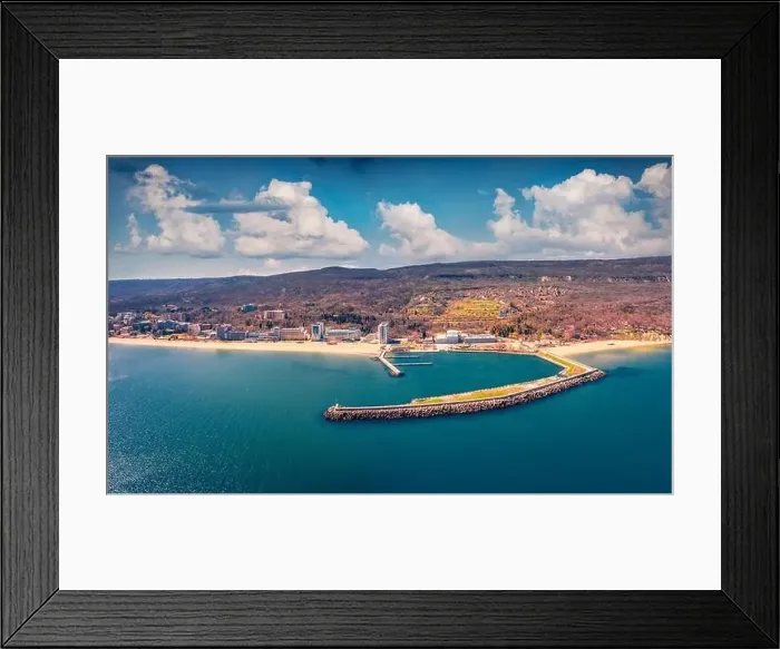Framed Print : Aerial landscape photography. Sunny spring view from flying drone of Golden Sands port Framed Print : Aerial landscape photography. Sunny spring view from flying drone of Golden Sands port