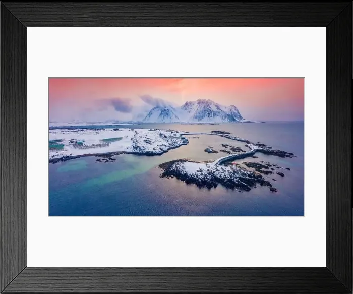 Framed Print : Colorful winter view from flying drone of small fishing village - Hovsund Framed Print : Colorful winter view from flying drone of small fishing village - Hovsund