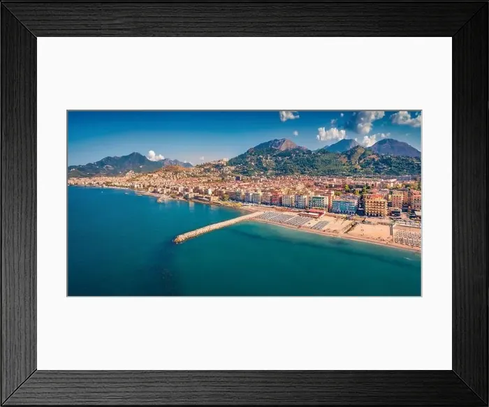 Framed Print : Picturesque morning view from flying drone of Salerno city