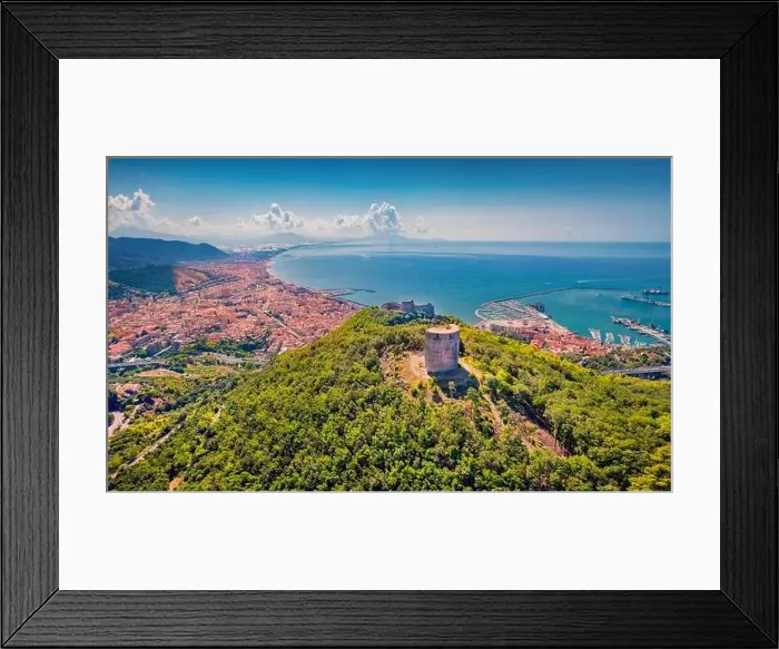 Framed Print : Attractive summer view from flying drone of Bastiglia tower and Arechi Castle Framed Print : Attractive summer view from flying drone of Bastiglia tower and Arechi Castle