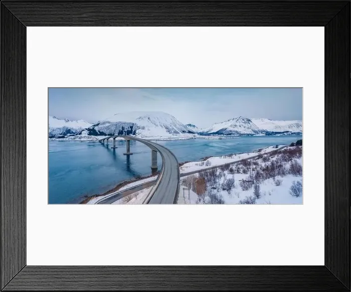 Framed Print : Dramatic view from flying drone of Gimsoystraumen bridge Framed Print : Dramatic view from flying drone of Gimsoystraumen bridge
