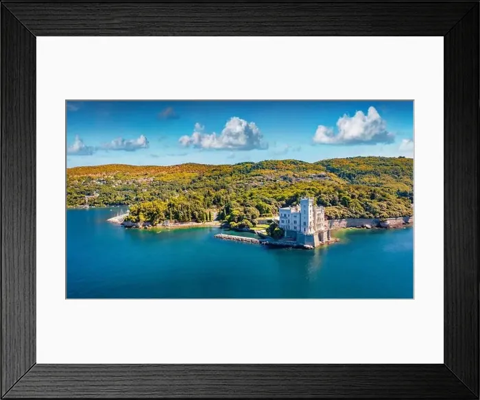 Framed Print : Beautiful summer view from flying drone of Miramare Castle Framed Print : Beautiful summer view from flying drone of Miramare Castle