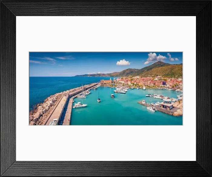 Framed Print : Panoramic summer view from flying drone of Acciaroli port Framed Print : Panoramic summer view from flying drone of Acciaroli port