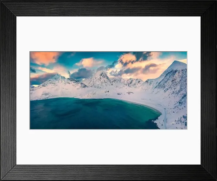 Framed Print : Breathtaking winter view from flying drone of Vik Beach among snowy peaks