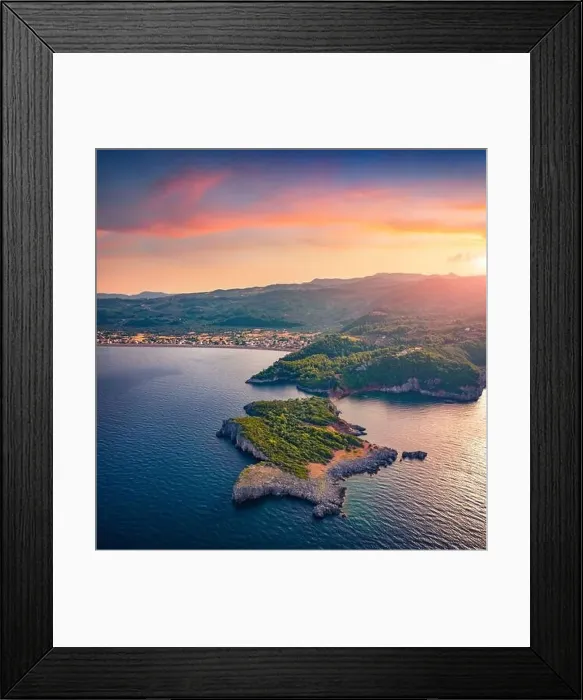 Framed Print : Sunset on Saint Basil Beach with Agkali village on background Framed Print : Sunset on Saint Basil Beach with Agkali village on background