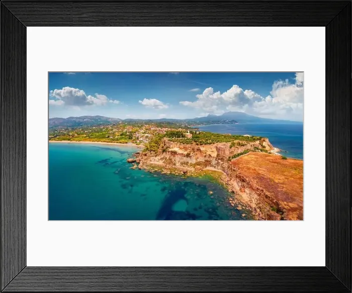 Framed Print : Aerial view from flying drone of east coast of Ionina sea Framed Print : Aerial view from flying drone of east coast of Ionina sea