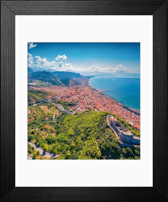 Framed Print : Wonderful summer view from flying drone of Arechi Castle Framed Print : Wonderful summer view from flying drone of Arechi Castle