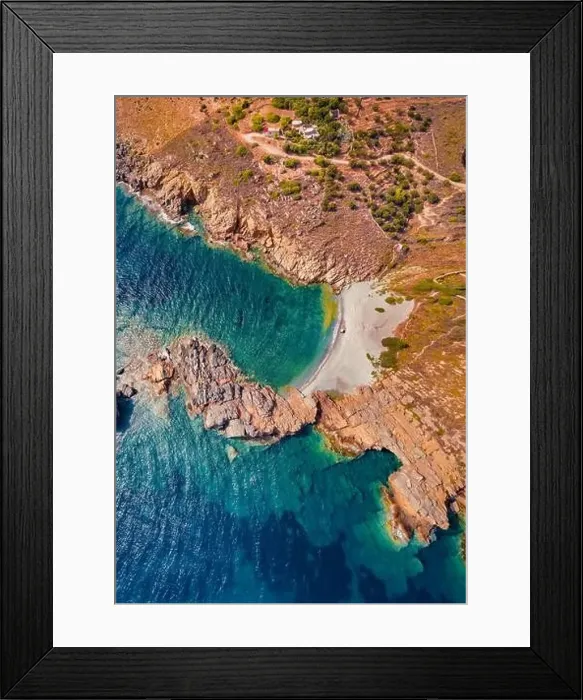 Framed Print : Morning on Mediterranean sea. Straight down view from flying drone of Exo Kapi beach Framed Print : Morning on Mediterranean sea. Straight down view from flying drone of Exo Kapi beach