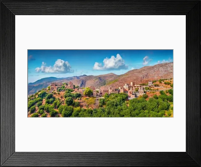 Framed Print : Panoramic summer view from fluing drone of ancient village fortress of Mani Peninsula - Vathia Framed Print : Panoramic summer view from fluing drone of ancient village fortress of Mani Peninsula - Vathia