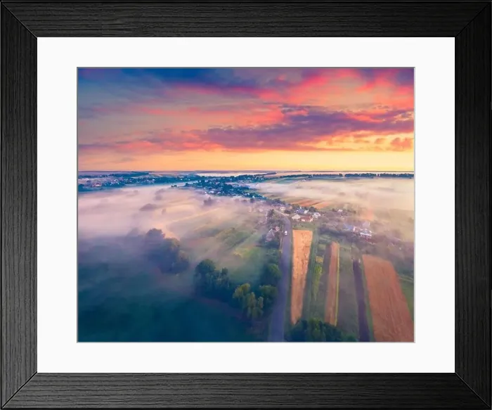 Framed Print : Exciting summer dawn on Ukrainian countryside with foggy fields Framed Print : Exciting summer dawn on Ukrainian countryside with foggy fields