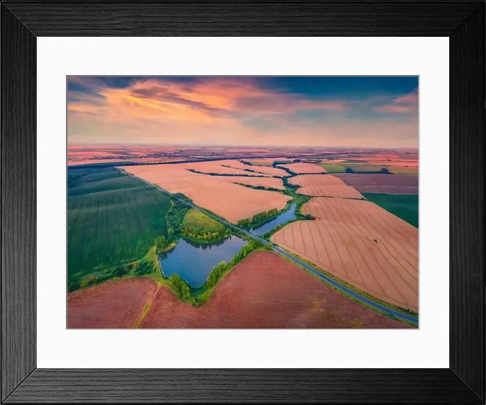 Framed Print : Stunning summer sunset on outskirts of Ternopil town with two lakes and asphalt road Framed Print : Stunning summer sunset on outskirts of Ternopil town with two lakes and asphalt road