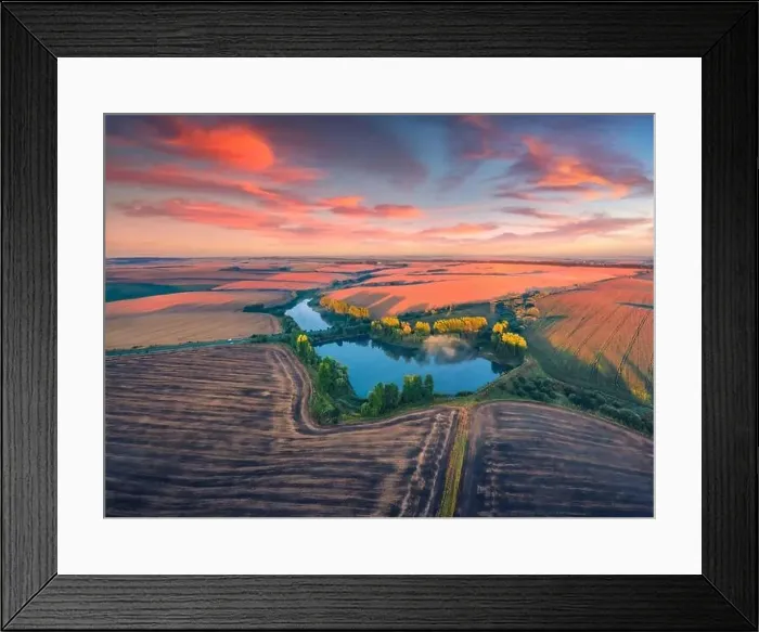Framed Print : Exciting summer sunrise on Ternopil outskirts with two lakes and asphalt road on the midle Framed Print : Exciting summer sunrise on Ternopil outskirts with two lakes and asphalt road on the midle