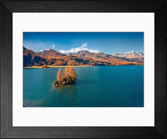 Framed Print : Incredible autumn view from flying drone of Sils Lake (Silsersee) Framed Print : Incredible autumn view from flying drone of Sils Lake (Silsersee)
