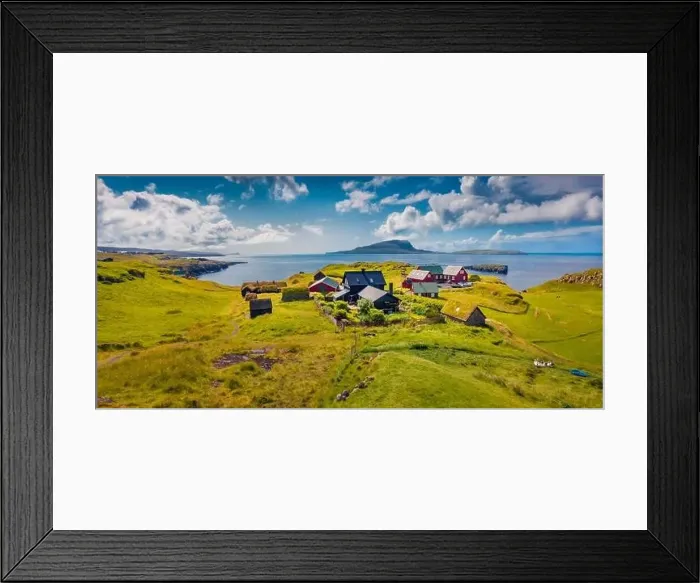 Framed Print : Aerial landscape photography. Sunny summer view from flying drone of outskirts of Torshavn city Framed Print : Aerial landscape photography. Sunny summer view from flying drone of outskirts of Torshavn city