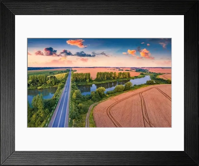 Framed Print : Picturesque summer sunrise on Ternopil outskirts with two lakes and asphalt road on the midle Framed Print : Picturesque summer sunrise on Ternopil outskirts with two lakes and asphalt road on the midle