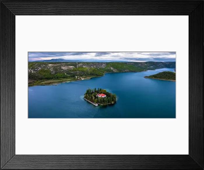 Framed Print : Visovac, Croatia - Aerial panoramic view of Visovac Christian monastery in Krka National Park on a summer morning with Framed Print : Visovac, Croatia - Aerial panoramic view of Visovac Christian monastery in Krka National Park on a summer morning with