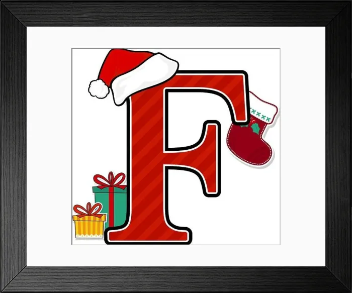Framed Print : capital letter f with red santa's hat and christmas design elements isolated on white background Framed Print : capital letter f with red santa's hat and christmas design elements isolated on white background