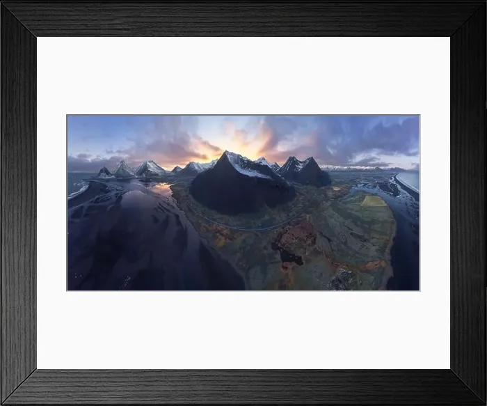 Framed Print : Wide angle aerial view of majestic mountains located near calm lake in evening time in Iceland Framed Print : Wide angle aerial view of majestic mountains located near calm lake in evening time in Iceland