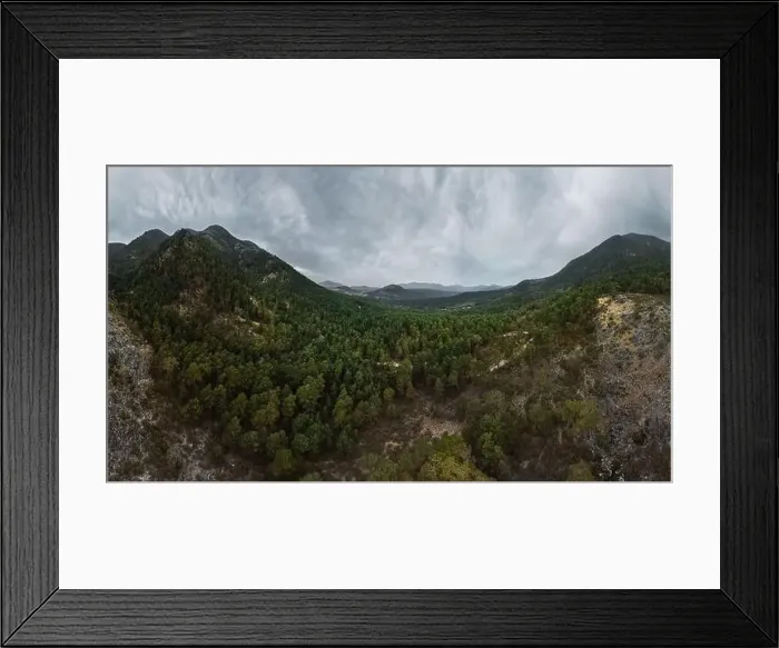 Framed Print : Drone aerial top view of lush green trees growing in woodland against cloudy mountain in countryside Framed Print : Drone aerial top view of lush green trees growing in woodland against cloudy mountain in countryside