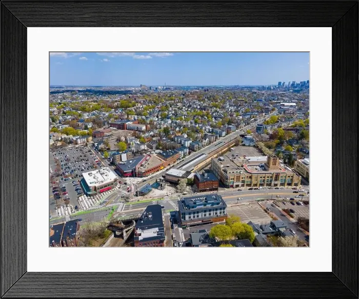 Framed Print : Porter Square aerial view on Massachusetts Avenue at Somerville Avenue in spring in city of Cambridge Framed Print : Porter Square aerial view on Massachusetts Avenue at Somerville Avenue in spring in city of Cambridge