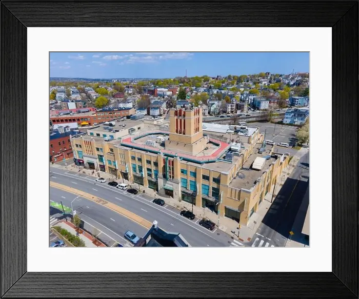 Framed Print : University Hall of Lesley University aerial view at Porter Square at 1815 Massachusetts Avenue in spring in city of