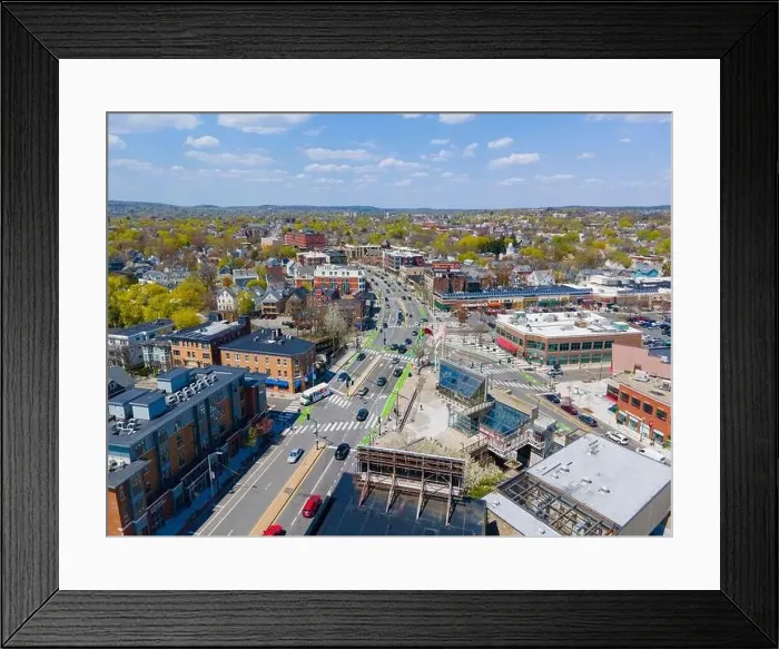 Framed Print : Porter Square aerial view on Massachusetts Avenue at Somerville Avenue in spring in city of Cambridge Framed Print : Porter Square aerial view on Massachusetts Avenue at Somerville Avenue in spring in city of Cambridge