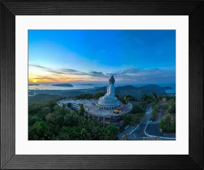 Framed Print : aerial photography scenery blue sky and blue ocean behind Phuket white big Buddha Framed Print : aerial photography scenery blue sky and blue ocean behind Phuket white big Buddha