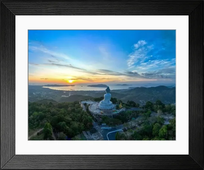 Framed Print : aerial photography scenery blue sky and blue ocean behind Phuket white big Buddha Framed Print : aerial photography scenery blue sky and blue ocean behind Phuket white big Buddha