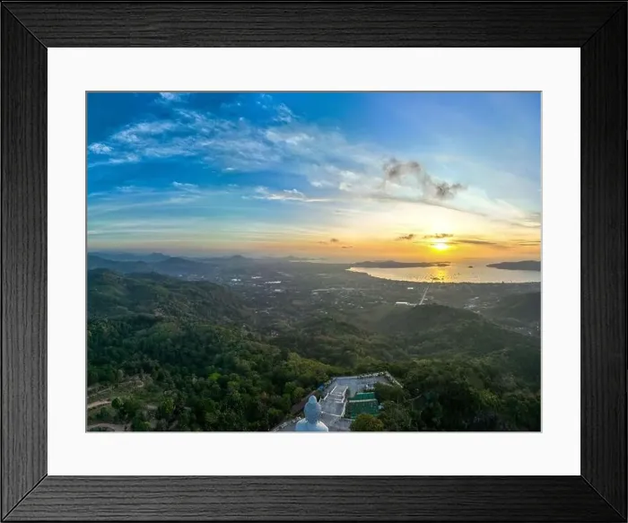 Framed Print : aerial photography scenery blue sky and blue ocean behind Phuket white big Buddha Framed Print : aerial photography scenery blue sky and blue ocean behind Phuket white big Buddha