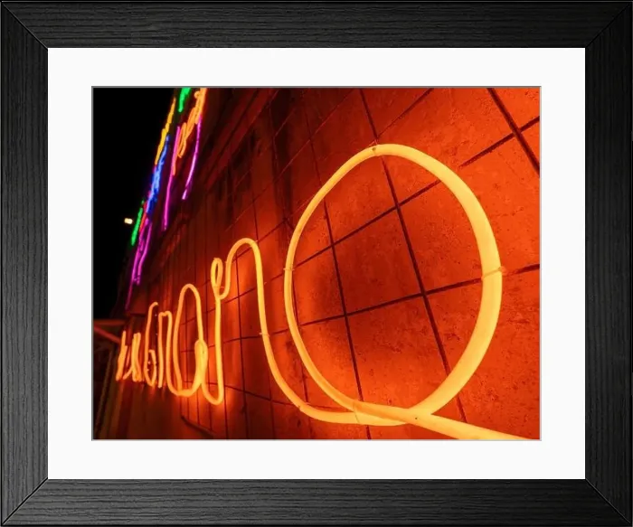 Framed Print : Illuminated letters and words made with neon lights and LEDs of many colors with a vanishing point in the background Framed Print : Illuminated letters and words made with neon lights and LEDs of many colors with a vanishing point in the background