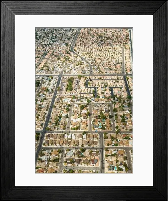 Framed Print : Aerial view of a geometric housing complex with bungalows. This suburban housing complex is in a geometrical form Framed Print : Aerial view of a geometric housing complex with bungalows. This suburban housing complex is in a geometrical form