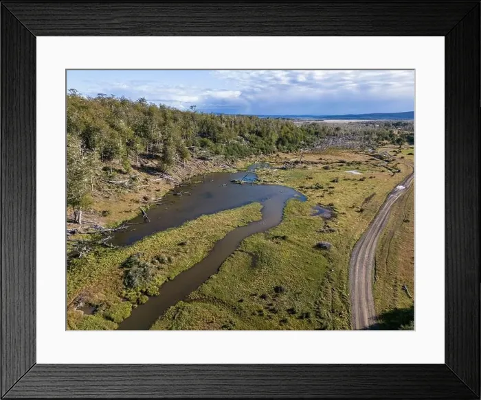 Framed Print : Aerial view of a beaver habitat in Reserva Lago Yeguin on the island Tierra del Fuego, Argentina, South America Framed Print : Aerial view of a beaver habitat in Reserva Lago Yeguin on the island Tierra del Fuego, Argentina, South America