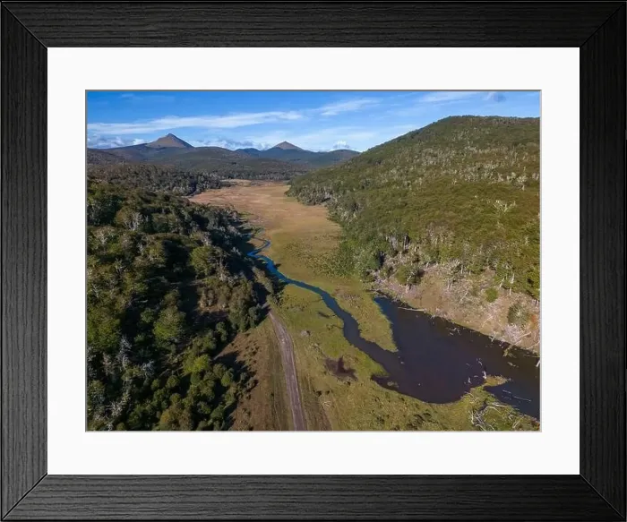 Framed Print : Aerial view of a beaver habitat in Reserva Lago Yeguin on the island Tierra del Fuego, Argentina, South America Framed Print : Aerial view of a beaver habitat in Reserva Lago Yeguin on the island Tierra del Fuego, Argentina, South America