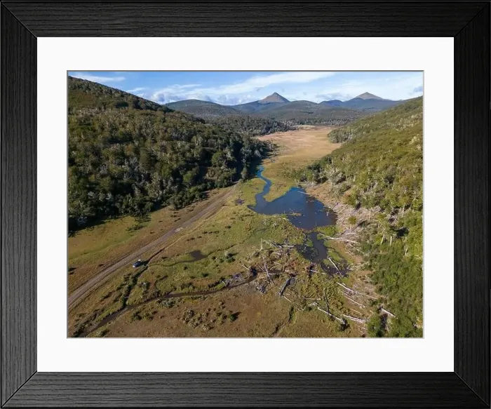 Framed Print : Aerial view of a beaver habitat in Reserva Lago Yeguin on the island Tierra del Fuego, Argentina, South America Framed Print : Aerial view of a beaver habitat in Reserva Lago Yeguin on the island Tierra del Fuego, Argentina, South America