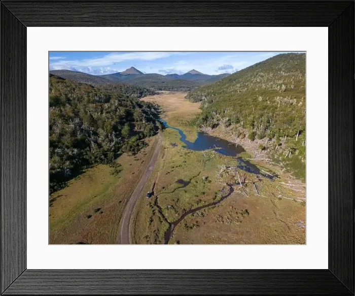 Framed Print : Aerial view of a beaver habitat in Reserva Lago Yeguin on the island Tierra del Fuego, Argentina, South America Framed Print : Aerial view of a beaver habitat in Reserva Lago Yeguin on the island Tierra del Fuego, Argentina, South America
