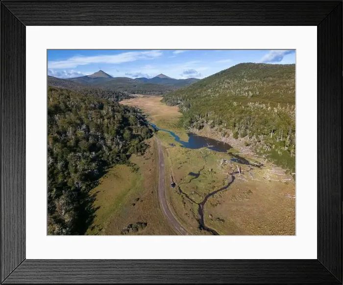Framed Print : Aerial view of a beaver habitat in Reserva Lago Yeguin on the island Tierra del Fuego, Argentina, South America