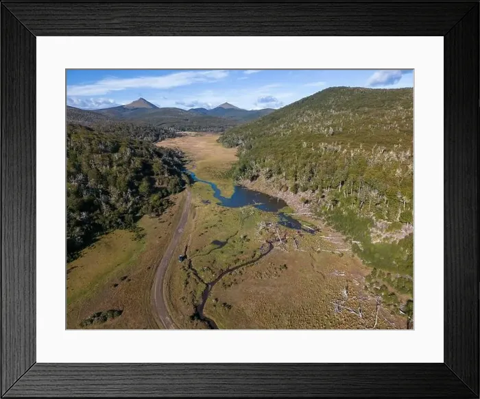 Framed Print : Aerial view of a beaver habitat in Reserva Lago Yeguin on the island Tierra del Fuego, Argentina, South America Framed Print : Aerial view of a beaver habitat in Reserva Lago Yeguin on the island Tierra del Fuego, Argentina, South America