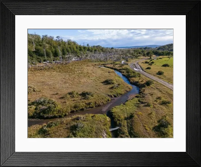 Framed Print : Aerial view of a beaver habitat in Reserva Lago Yeguin on the island Tierra del Fuego, Argentina, South America