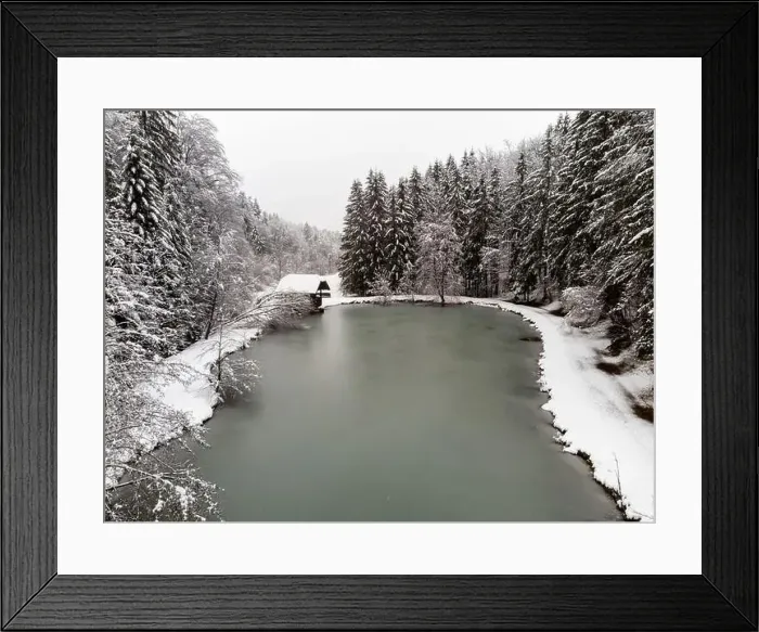 Framed Print : Pond with snowy forest. Winter season. Aerial view Framed Print : Pond with snowy forest. Winter season. Aerial view