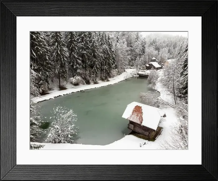 Framed Print : Pond with snowy forest and small cabin. Winter season Framed Print : Pond with snowy forest and small cabin. Winter season