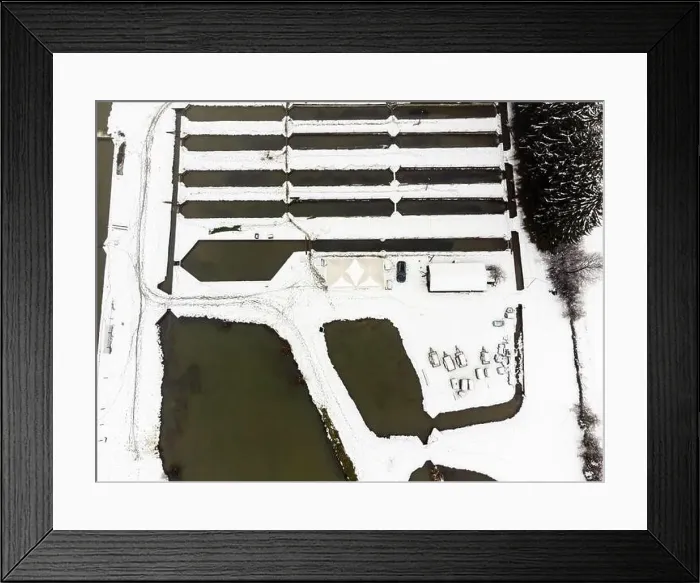 Framed Print : Top down drone view of fish farming ponds at rural area. Winter time. Landscape covered in snow Framed Print : Top down drone view of fish farming ponds at rural area. Winter time. Landscape covered in snow