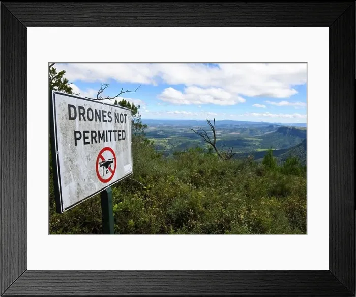 Framed Print : Drones not permitted sign at God's window on South Africa Framed Print : Drones not permitted sign at God's window on South Africa