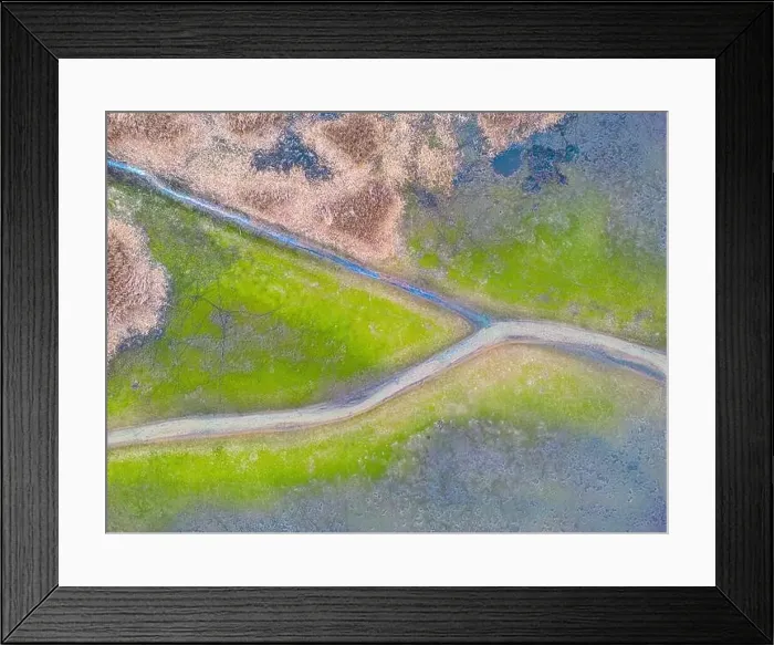 Framed Print : An aerial shot of the landscape with small lake surrounded by trees and field Framed Print : An aerial shot of the landscape with small lake surrounded by trees and field
