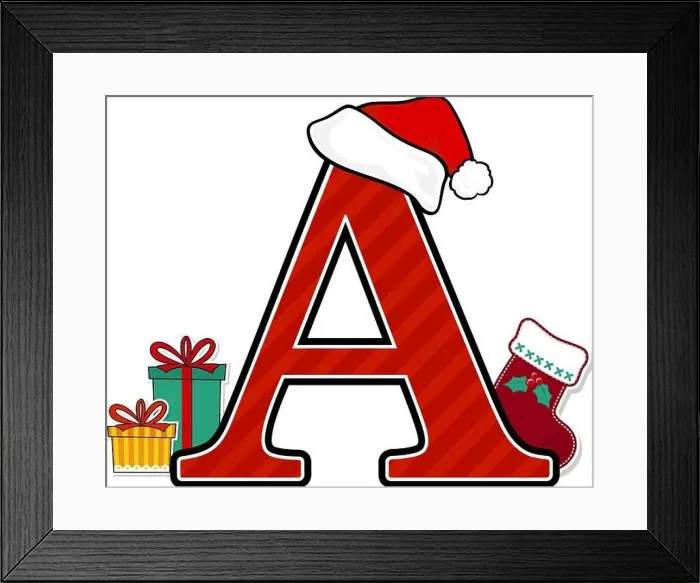 Framed Print : capital letter a with red santa's hat and christmas design elements isolated on white background Framed Print : capital letter a with red santa's hat and christmas design elements isolated on white background