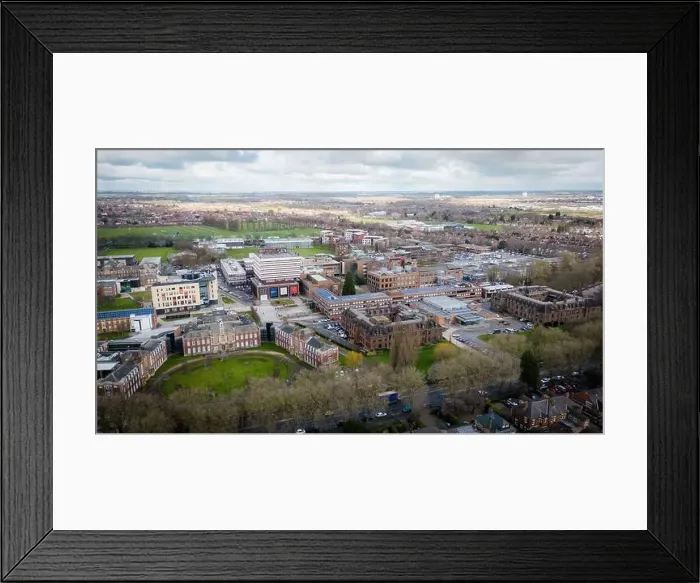 Framed Print : Hull University campus ariel drone view with buildings and city landscape